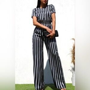 Olive/White Elastic Waist Band Pin Striped Jumpsuit